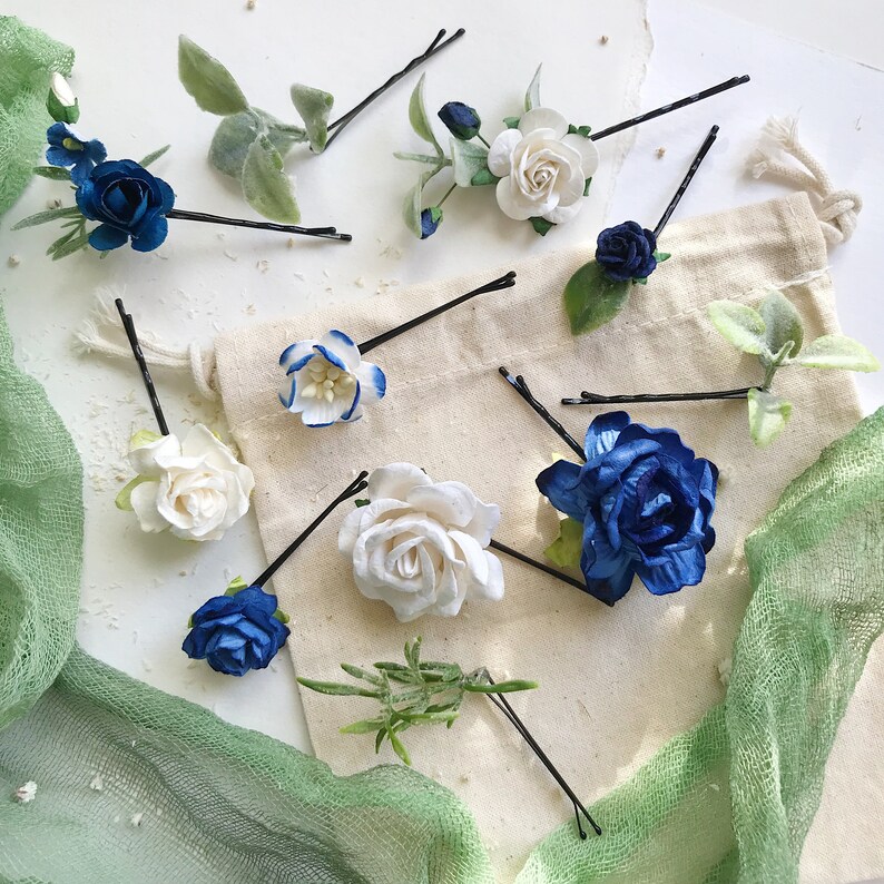 flower bobby pins blue floral hair pins blue flower bobby pins set of 9 hair pins Blue flower hair pins ivory bridal flower hair clip