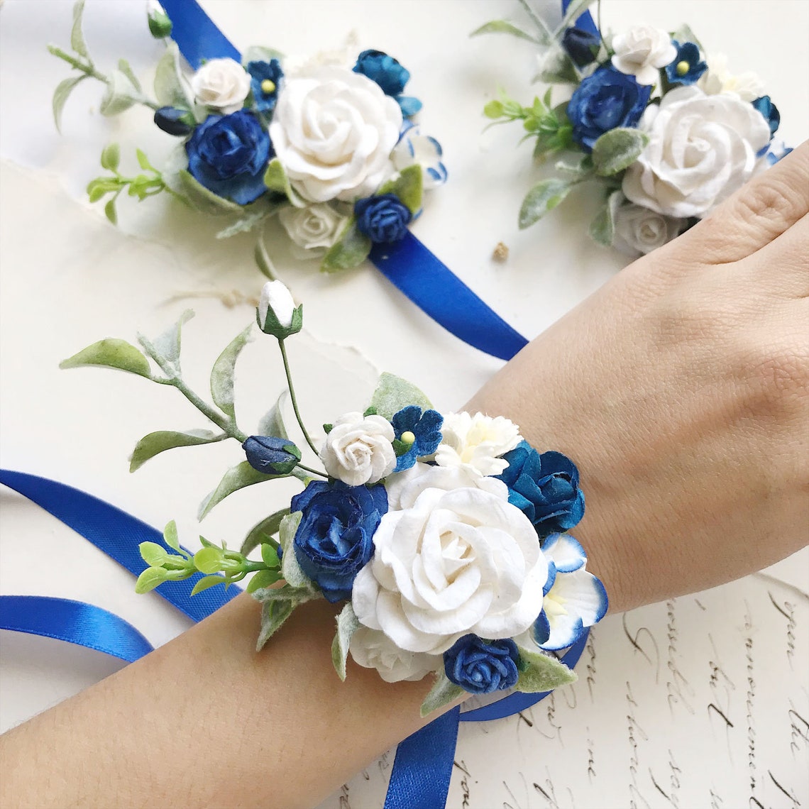 Blue Flower Wrist Corsage White Flower Bracelet Blue | Etsy