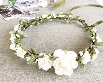 Flower crown, Bridal flower crown, White Ivory Floral crown, Wedding flower crown, Bridal floral crown, Leaf flower crown, Woodland Wedding
