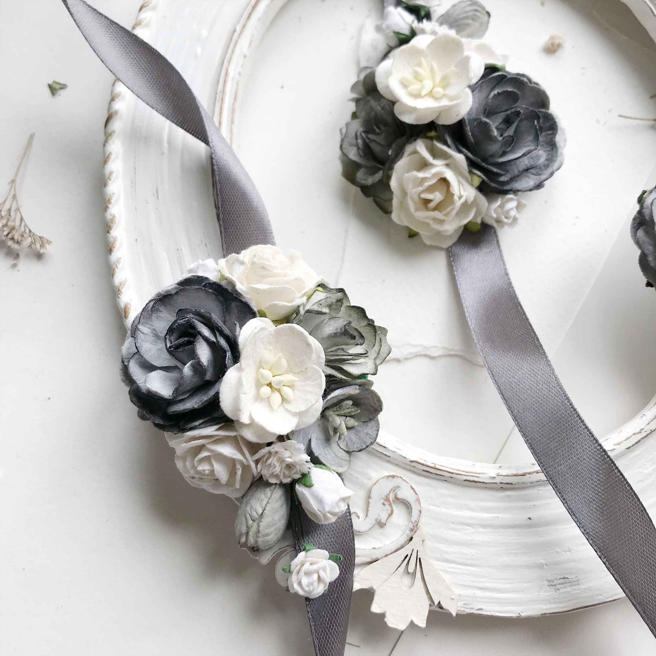 Grey bridesmaids corsage ivory flower wrist corsage white Etsy