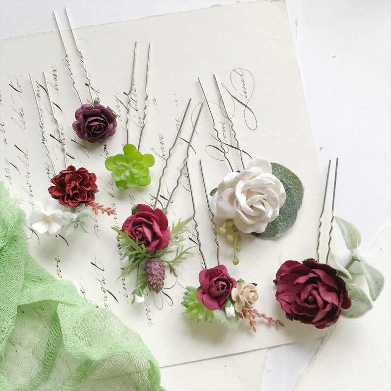 Floral hair pins Burgundy Flower hair pins ivory hair pins Etsy