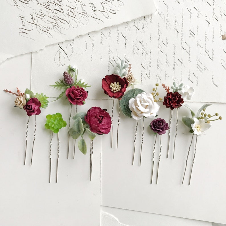 Floral hair pins Burgundy Flower hair pins ivory hair pins Etsy