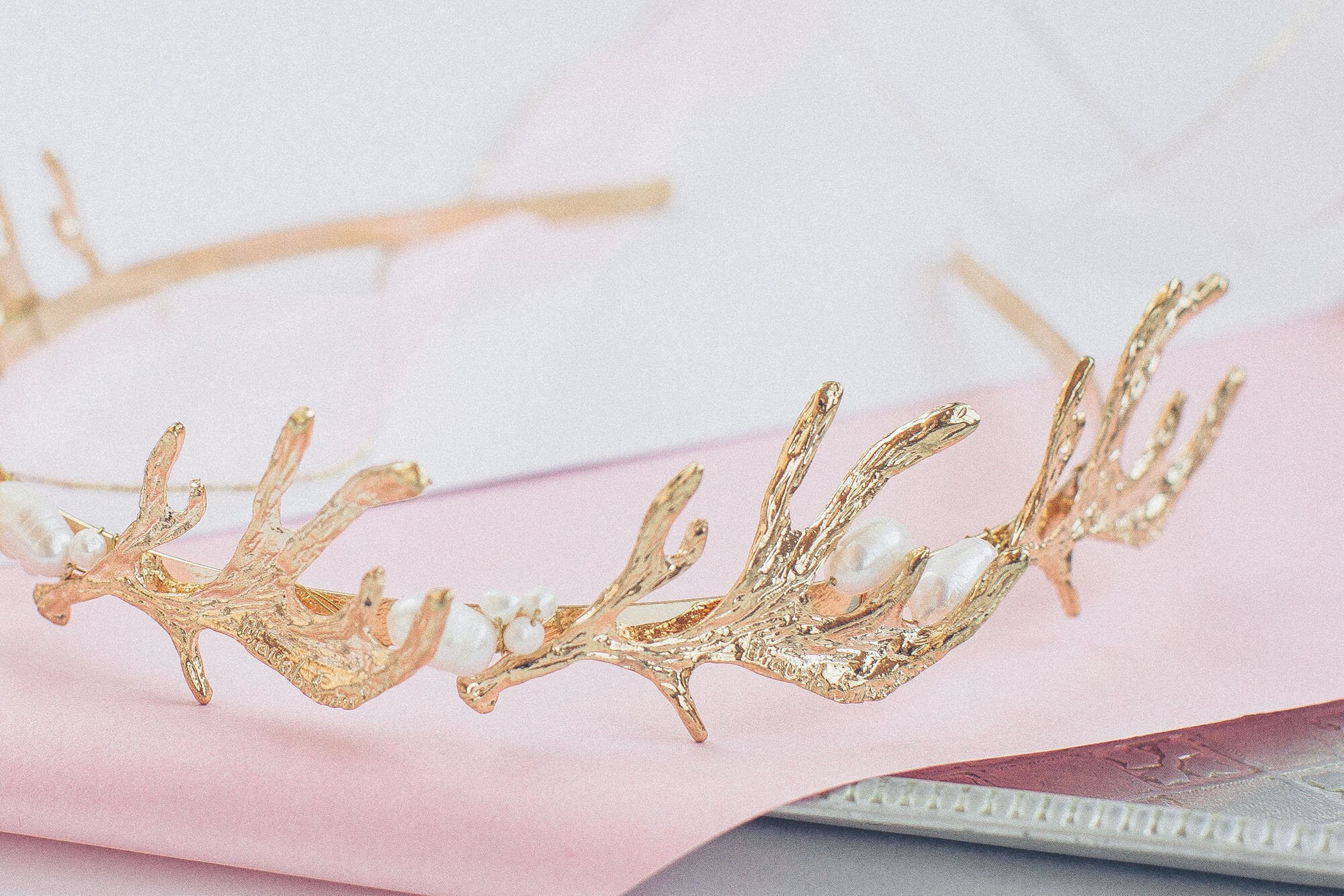 Boho Bridal Tiara Pearl Headband Gold Hairpiece Bridal Etsy