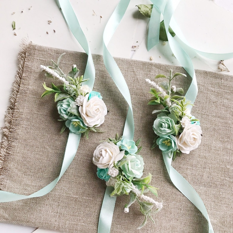 Mint green flower wrist corsage ivory flower bridesmaids Etsy