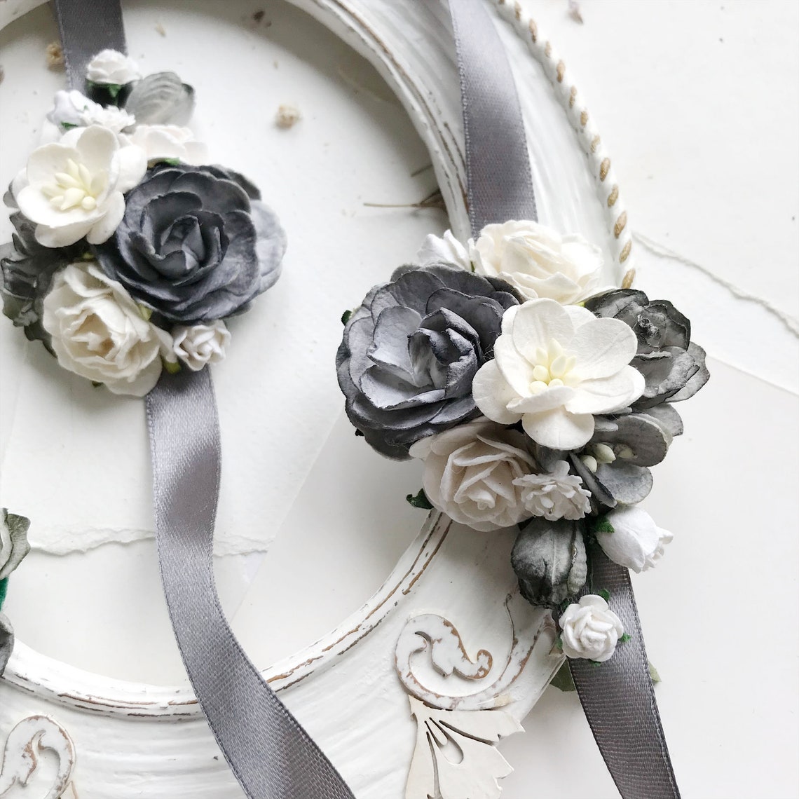 Grey bridesmaids corsage ivory flower wrist corsage white Etsy