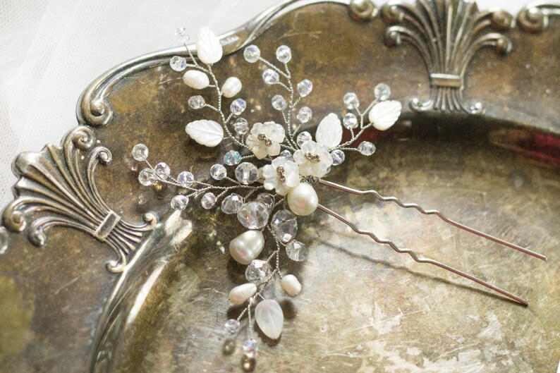 Wedding hairpiece Ivory Bridal Hair Pin Crystal Pearl Hair Pin Ivory Silver Pearl Hair Pin floral ivory hair pin Pearl Bridal Headpiece