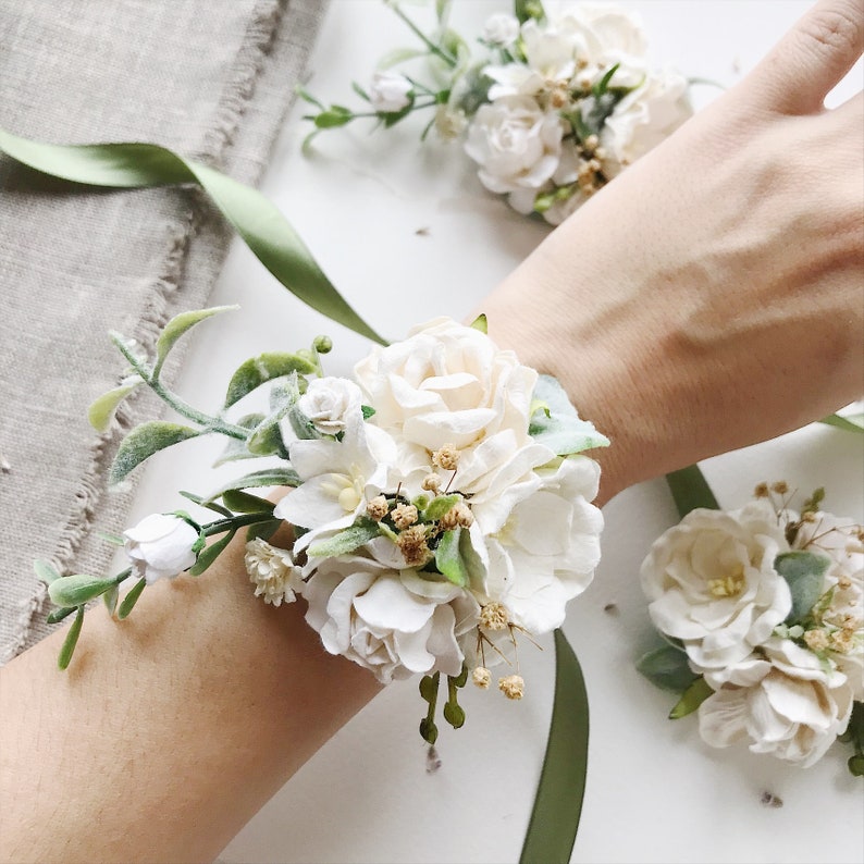 Ivory flower wrist corsage white flower bracelet ivory green Etsy