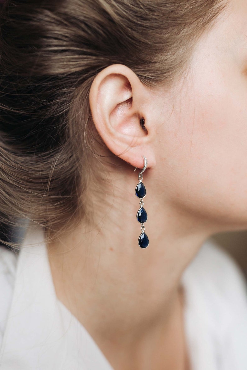 dangle earrings jewelry glass earrings silver bridal earrings bridal earrings wedding Vintage Long dark blue earrings wedding earrings