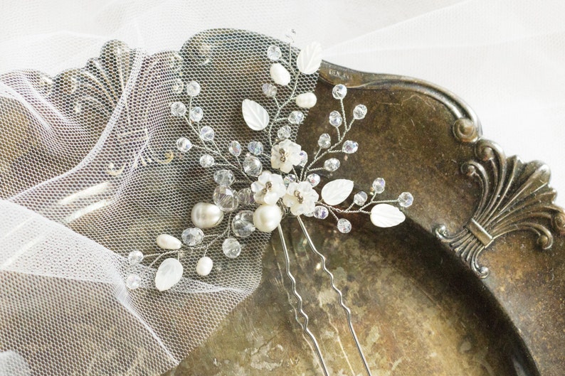 Wedding hairpiece Ivory Bridal Hair Pin Crystal Pearl Hair Pin Ivory Silver Pearl Hair Pin floral ivory hair pin Pearl Bridal Headpiece