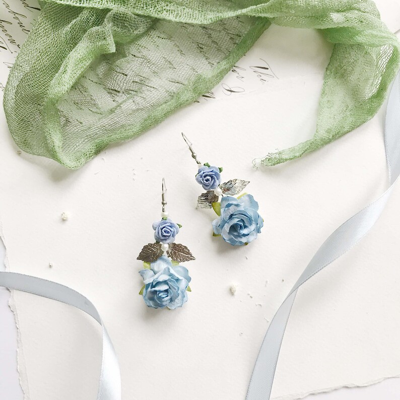 Blue Flower Earrings Blue Floral Earrings Silver Leaf Etsy