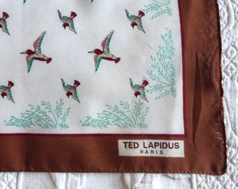 Vintage French satin scarf shawl Ted Lapidus shawl with birds, designer scarf 1970s accessory, retro scarves scarf made in France