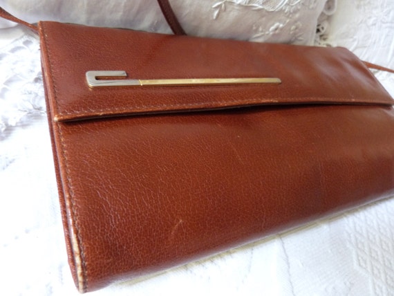Vintage French camel brown leather hand bag shoul… - image 1