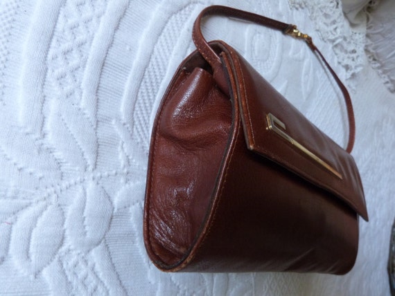 Vintage French camel brown leather hand bag shoul… - image 3