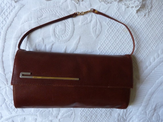 Vintage French camel brown leather hand bag shoul… - image 2