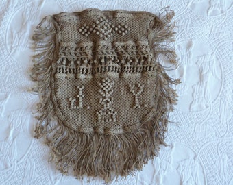 Antique French handmade monogrammed JY linen macramé bag handbag, vintage handmade boho bag bohemian bag with fringes