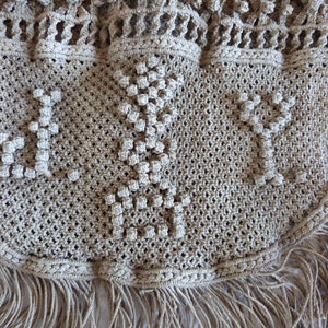 Antique French handmade monogrammed JY linen macramé bag handbag, vintage handmade boho bag bohemian bag with fringes image 2