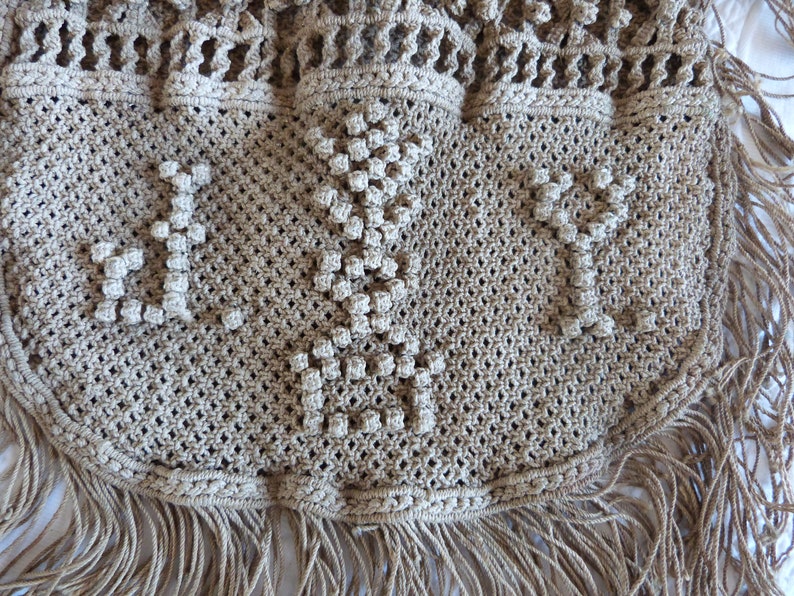 Antique French handmade monogrammed JY linen macramé bag handbag, vintage handmade boho bag bohemian bag with fringes image 2