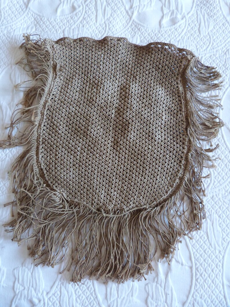 Antique French handmade monogrammed JY linen macramé bag handbag, vintage handmade boho bag bohemian bag with fringes image 8