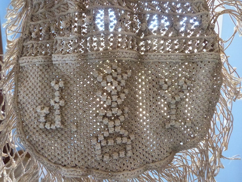 Antique French handmade monogrammed JY linen macramé bag handbag, vintage handmade boho bag bohemian bag with fringes image 10