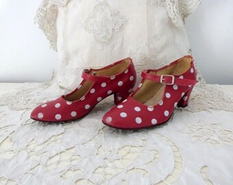 Zapatos de baile folclórico flamenco vintage de cuero rojo para niñas, zapatos de baile folclórico de los años 70 con lunares rojos y blancos, talla 33.