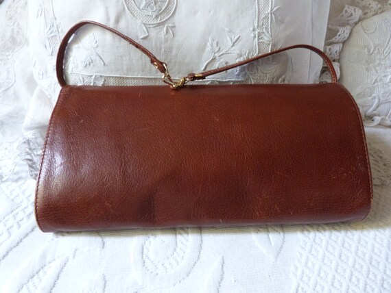 Vintage French camel brown leather hand bag shoul… - image 4
