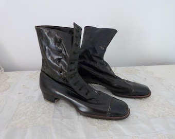 Antique French Victorian black leather with canvas Lace-up button-up boots with wood Milne heels, 1900s ladies accessories, size 38