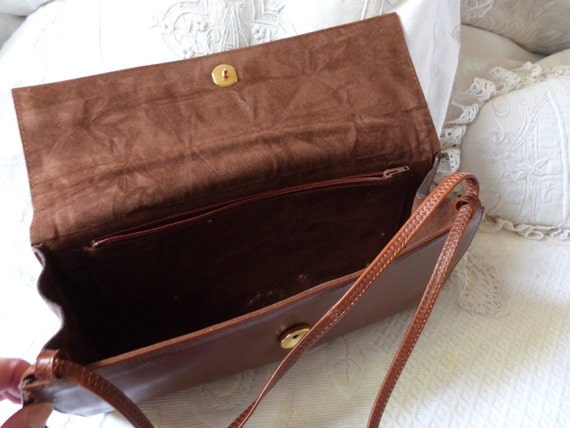 Vintage French camel brown leather hand bag shoul… - image 5