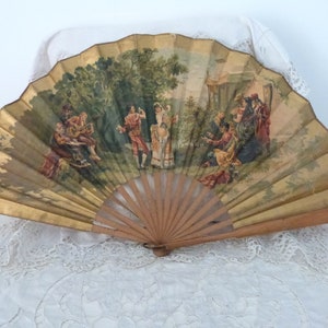 Antique hand fan 1900s folding fan French paper w musicians and roses handfan w sandal handle, boudoir ladies accessories gift for her