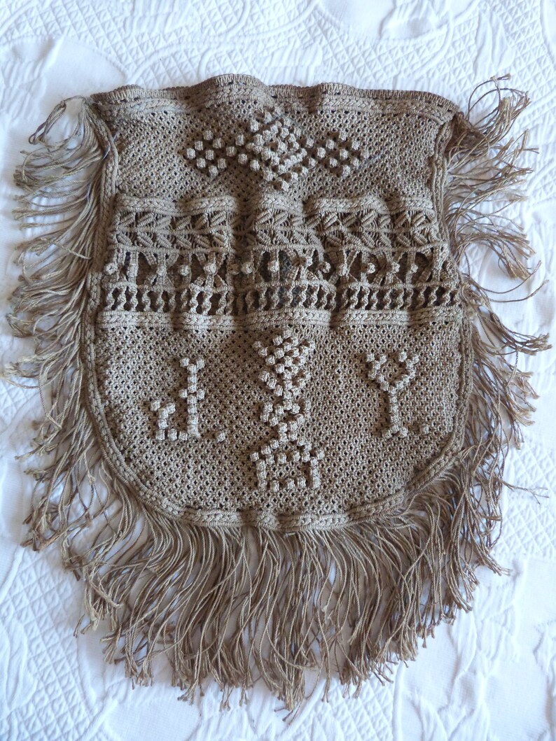 Antique French handmade monogrammed JY linen macramé bag handbag, vintage handmade boho bag bohemian bag with fringes image 7