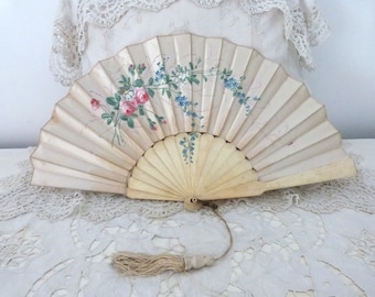Antique hand fan 1800s folding fan French Chateau hand painted silk w roses handfan w bone handle, boudoir ladies accessories gift for her