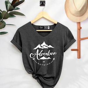 Adventure Camping Graphic Tee: Mountains V-Neck Cotton-Blend Shirt