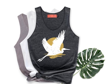 Crane Graphic Shirt: Unisex Crane & Sun Tank Top