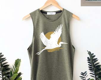 Crane Graphic Tank Top: Yoga Sun Shirt, Cotton-Blend