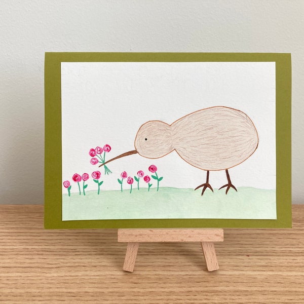 Kiwi Bird Picking Flowers Card | Handmade, blank inside, acrylic paint, notecard, Valentine's Day, anniversary, just because, birthday