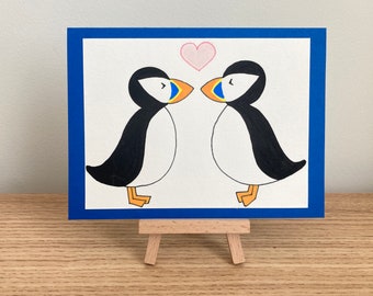 Puffin Love Card | Handmade, blank inside, acrylic paint, notecard, Valentine's Day, anniversary, just because, birthday