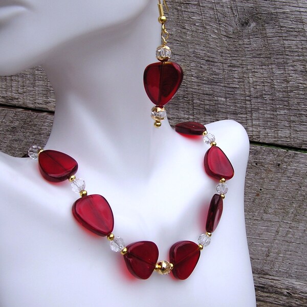 Czech Glass Necklace and Earrings, Red Jewelry Set, Jewelry Set Women, Bead Jewelry Czech Glass, Women Jewelry Set