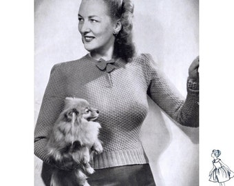 1940's Bow Tie Sweater 'A Bow to go with the Bow-wow' , 38 Inch Bust,  Digital Download Reproduction Woman's Vintage Jumper Knitting Pattern