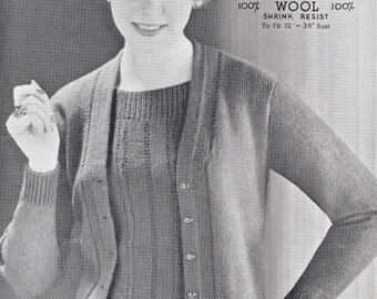 Vintage 1950's Twin Set Cardigan and Sweater or Jumper PDF INSTANT Download of Knitting Pattern Argyll 215 Bust 32" to 38"