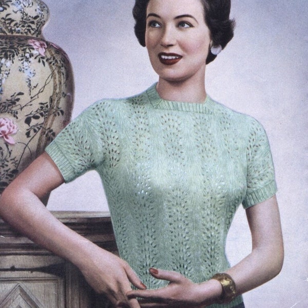 1950s Sweater Pattern, Short Sleeve Women's Jumper in Feather Pattern,  Download PDF Marriners Knitting Pattern 266