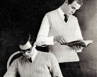 1950's V Neck Ribbed Pullovers for Men INSTANT Download Vintage Knitting Pattern Scotch Wool Shop 951 Greenock DK, 6 Chest Sizes 36 to 46
