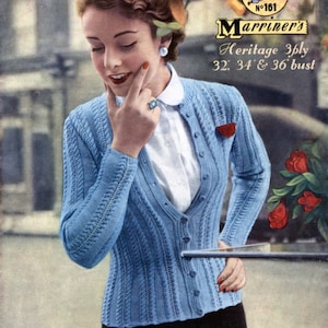 1950s Cardigan Knitting Pattern, PDF INSTANT Download, Cable Stitch Jacket Cardigan with Round Neck / Marriners Pattern 161