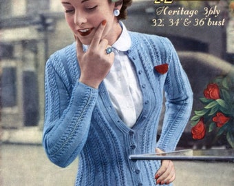 1950s Cardigan Knitting Pattern, PDF INSTANT Download, Cable Stitch Jacket Cardigan with Round Neck / Marriners Pattern 161