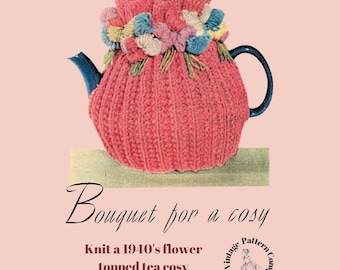 1940's Tea Cosy with Flower Top, Instant Download of a Vintage Knitting Pattern, Easy Homemade Gift To Make for Retro Home Decor Lovers
