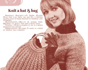 1960's Knitted Hat and Matching Bag in DK, a PDF Instant Download of a Vintage Knitting Pattern