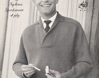 Men's 1950's Sweater or Jumper with Collar Neckline, INSTANT Download Vintage Knitting Pattern Robin 268, Chest 40" 42", 4 Ply