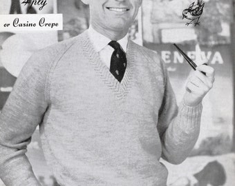 Patrón de tejido vintage de los años 50 en descarga digital Robin 261: suéter para hombre tejido a mano con cuello en V en hilo de 4 capas - Patrón de Inglaterra