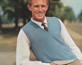 1950s Tank Top Knitting Pattern, Sirdar 1758 Man's Sleeveless Pullover, PDF INSTANT Download, Chest Sizes 36 To 44 Inches