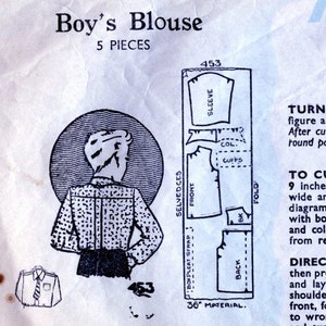 May include: A black and white sewing pattern for a boy's blouse. The pattern includes five pieces: front, back, sleeve, collar, and cuffs. The pattern is labeled "Boy's Blouse" and "453".