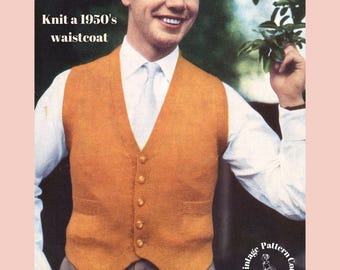 1950's Waistcoat Knitting Pattern, Instant Download of a 50's Pattern, Knitted Vest, Fifties' Sleeveless Sweater For Men 38 to 40 Chest
