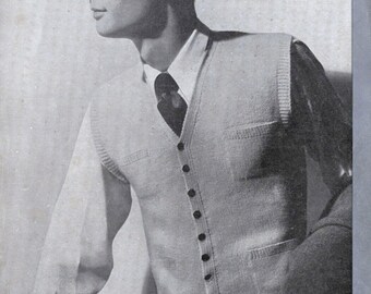 1950's Knitted Waistcoat Button Down Vest for Men, INSTANT Download Vintage Knitting Pattern Patons and Baldwins 943, Chest 38 to 40, 3 Ply
